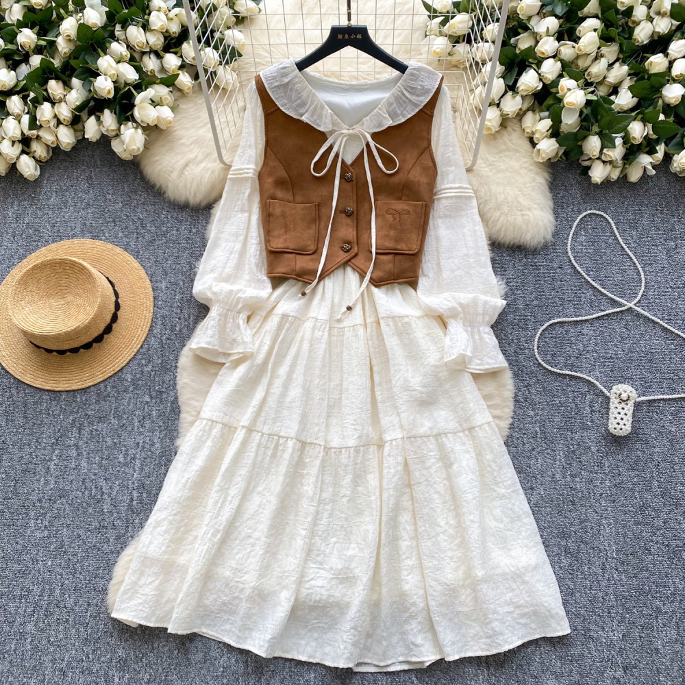 Long sleeve waistcoat pinched waist dress 2pcs set for women