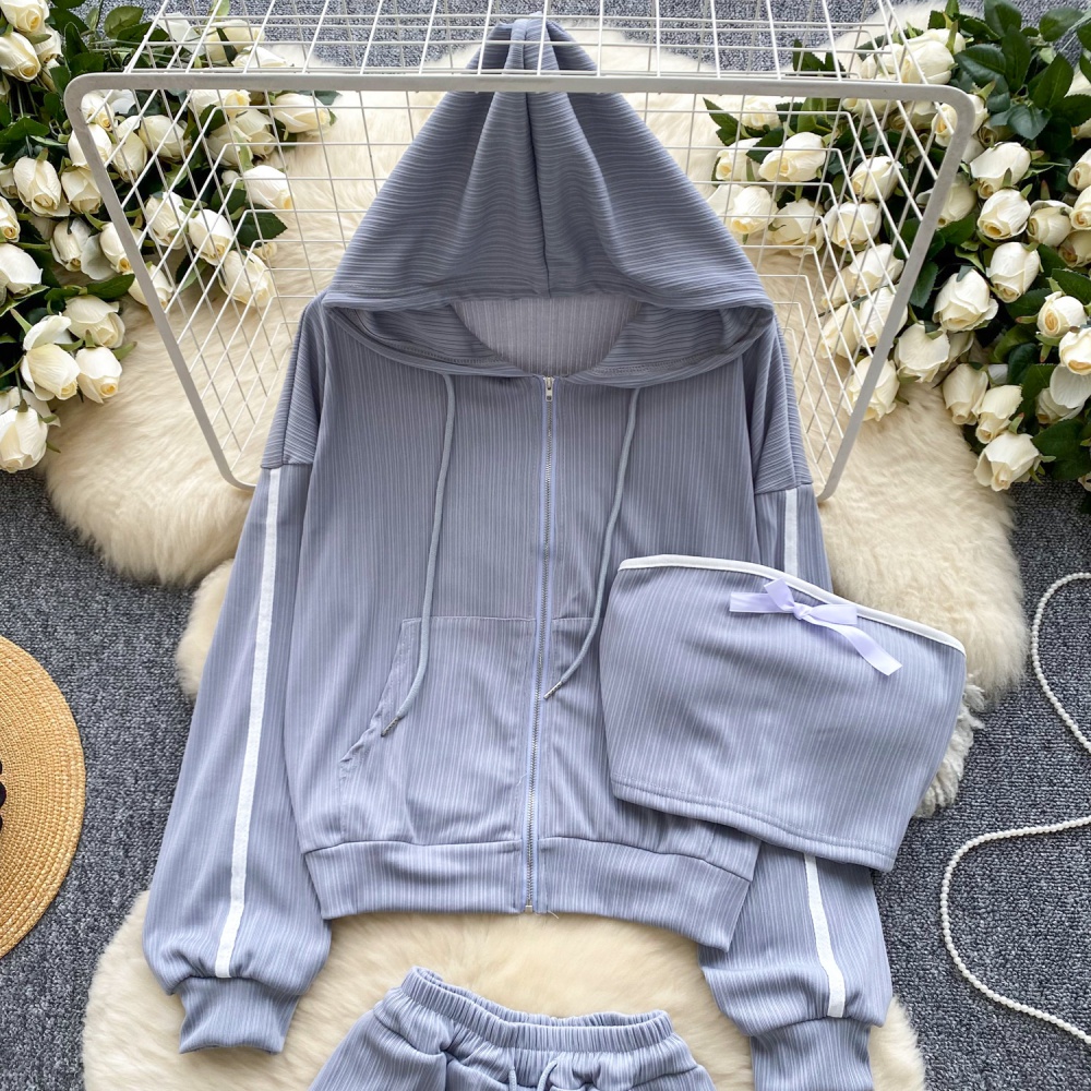 Wrapped chest wide leg shorts zip vest 3pcs set for women