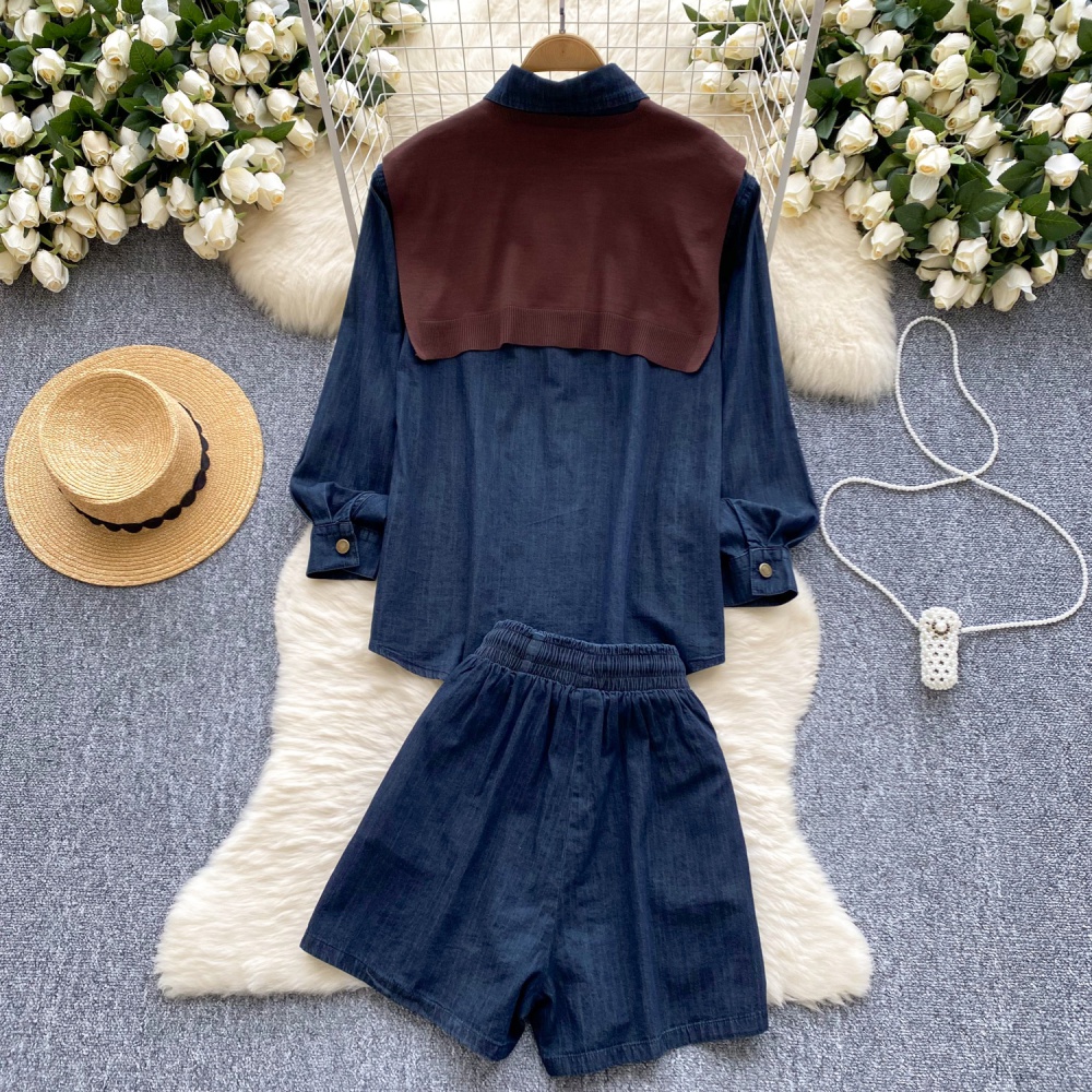 Show young autumn shirt denim high waist shorts a set for women