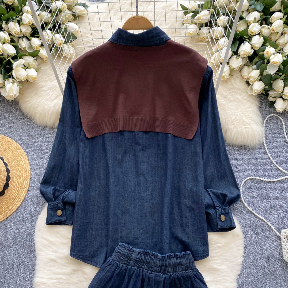 Show young autumn shirt denim high waist shorts a set for women