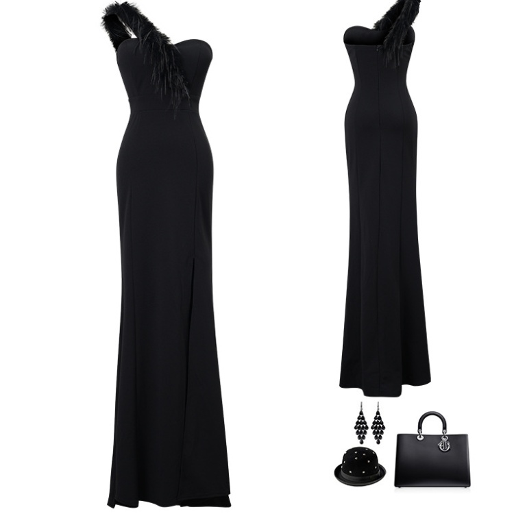 Split night show evening dress sloping shoulder dress