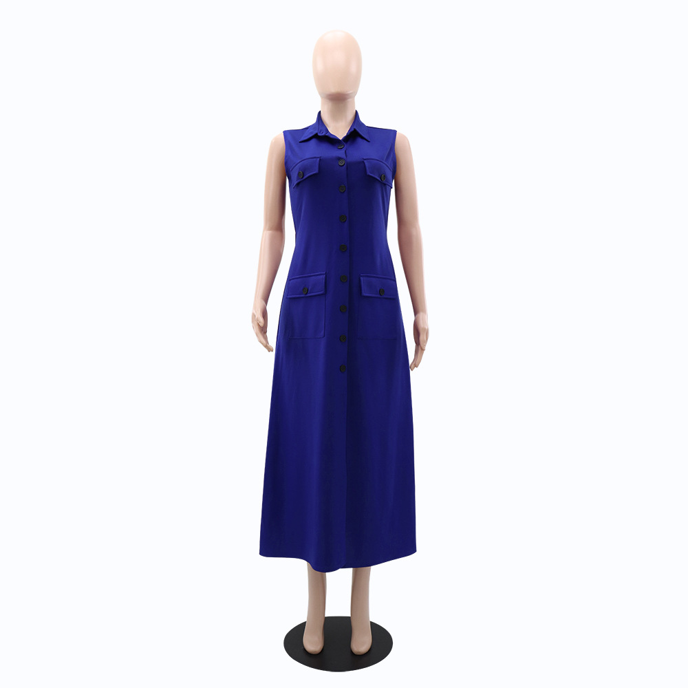 Temperament European style dress lapel pocket long dress