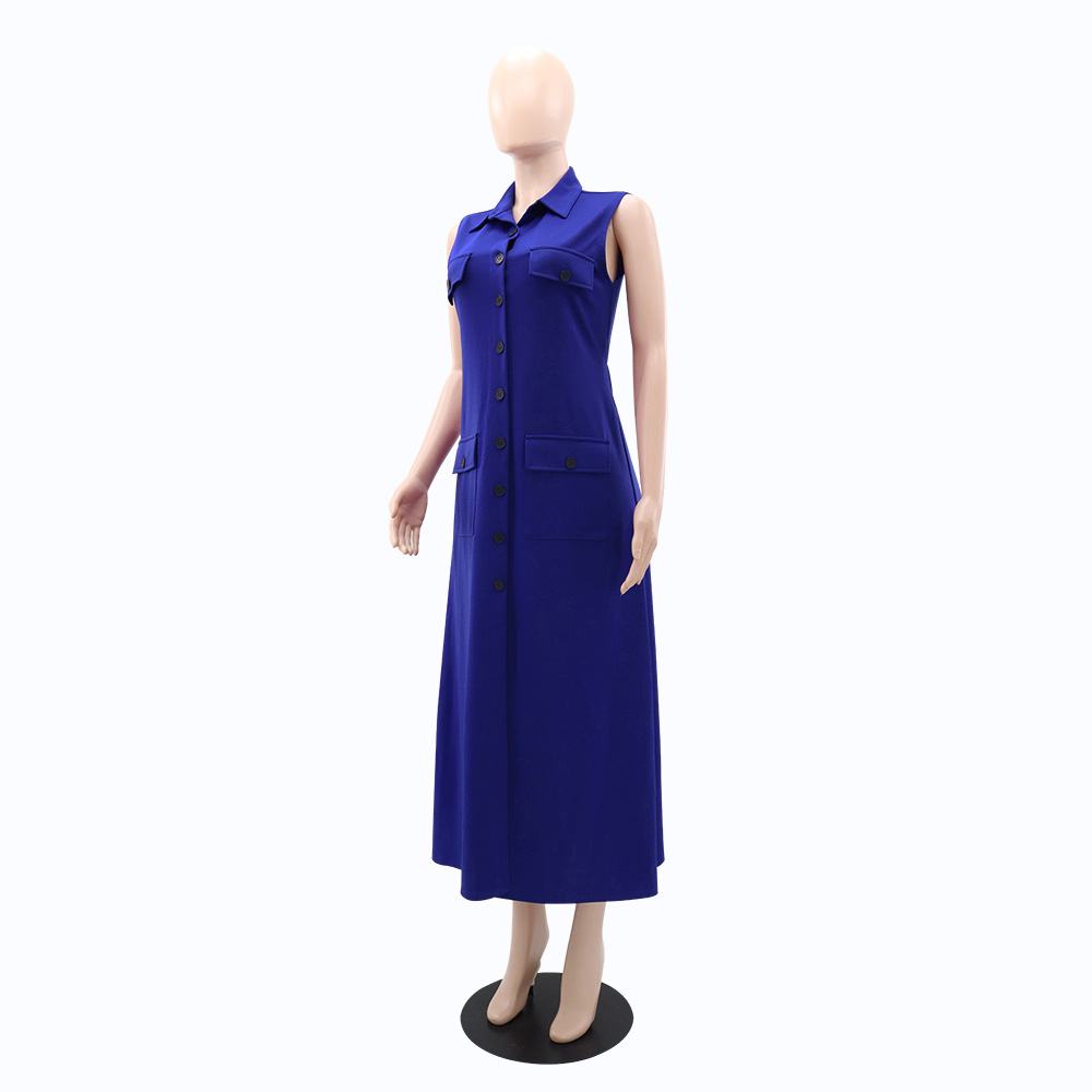 Temperament European style dress lapel pocket long dress