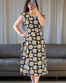 Boats sleeve daisy long dress printing round neck dress