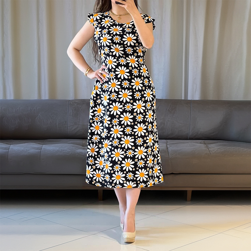 Boats sleeve daisy long dress printing round neck dress