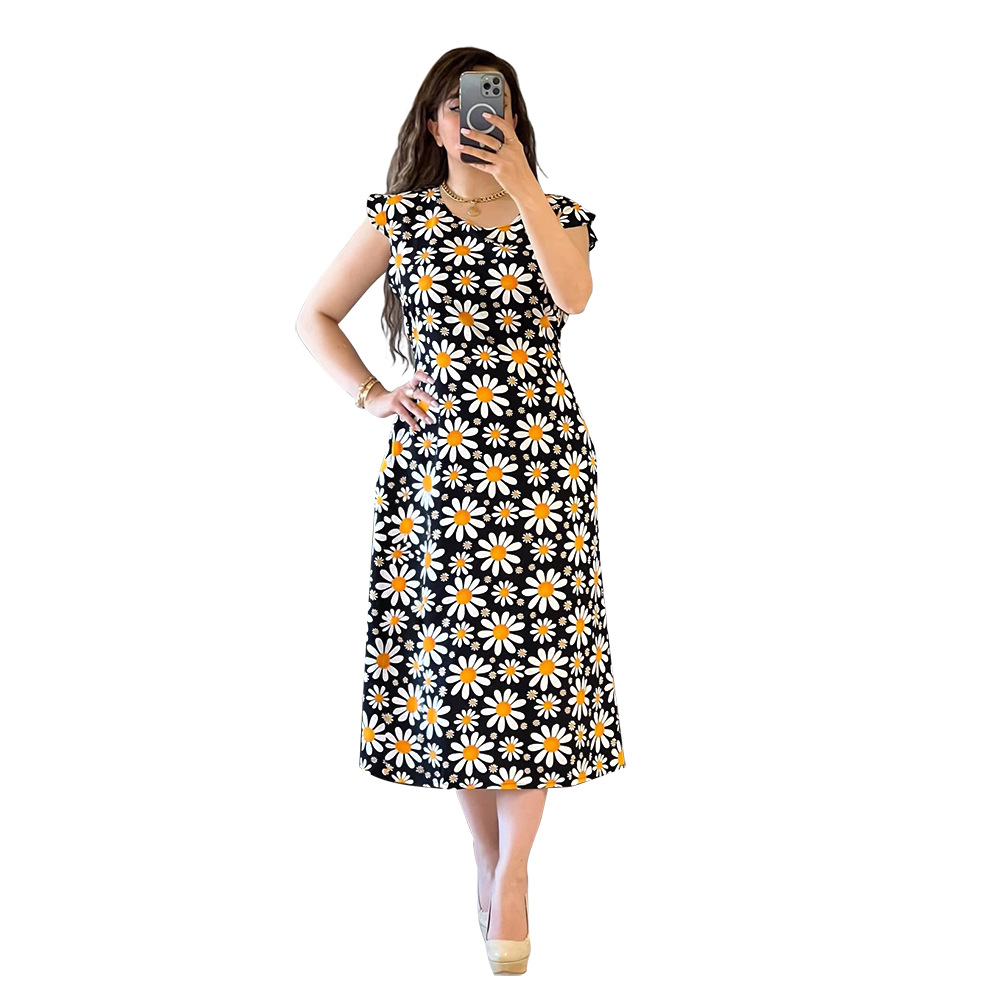 Boats sleeve daisy long dress printing round neck dress