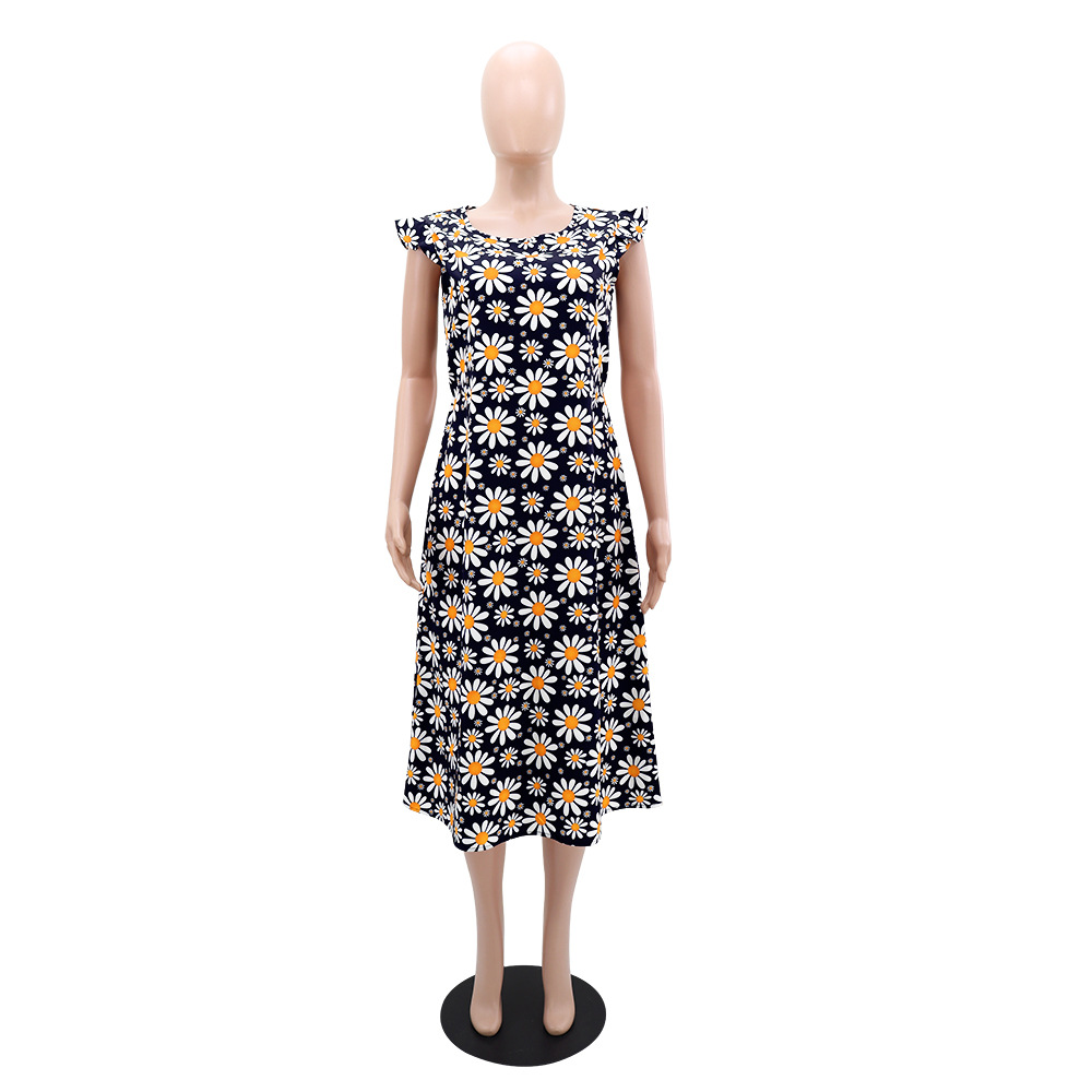 Boats sleeve daisy long dress printing round neck dress