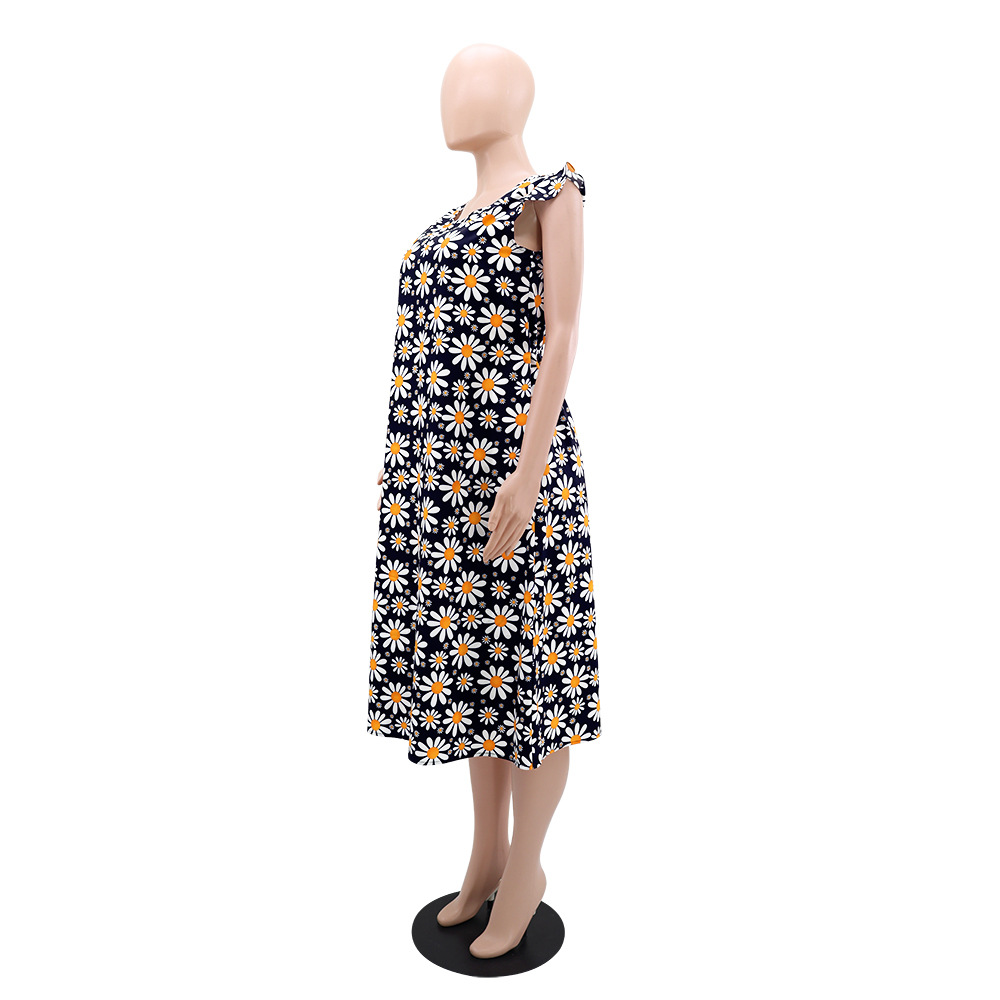 Boats sleeve daisy long dress printing round neck dress