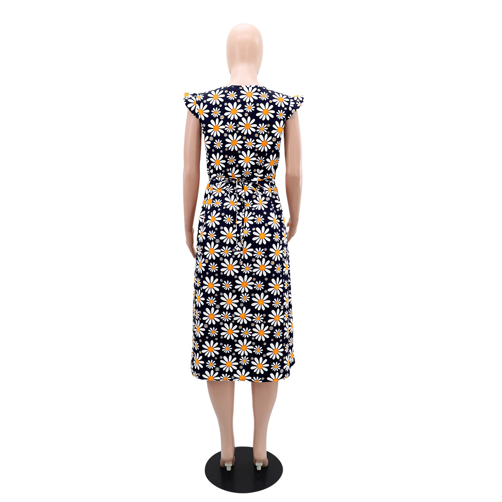 Boats sleeve daisy long dress printing round neck dress