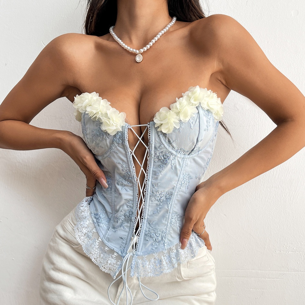 Wrapped chest lace splice embroidery sexy frenum vest