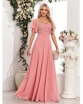 Pink chiffon halter evening dress sequins party A-line long dress