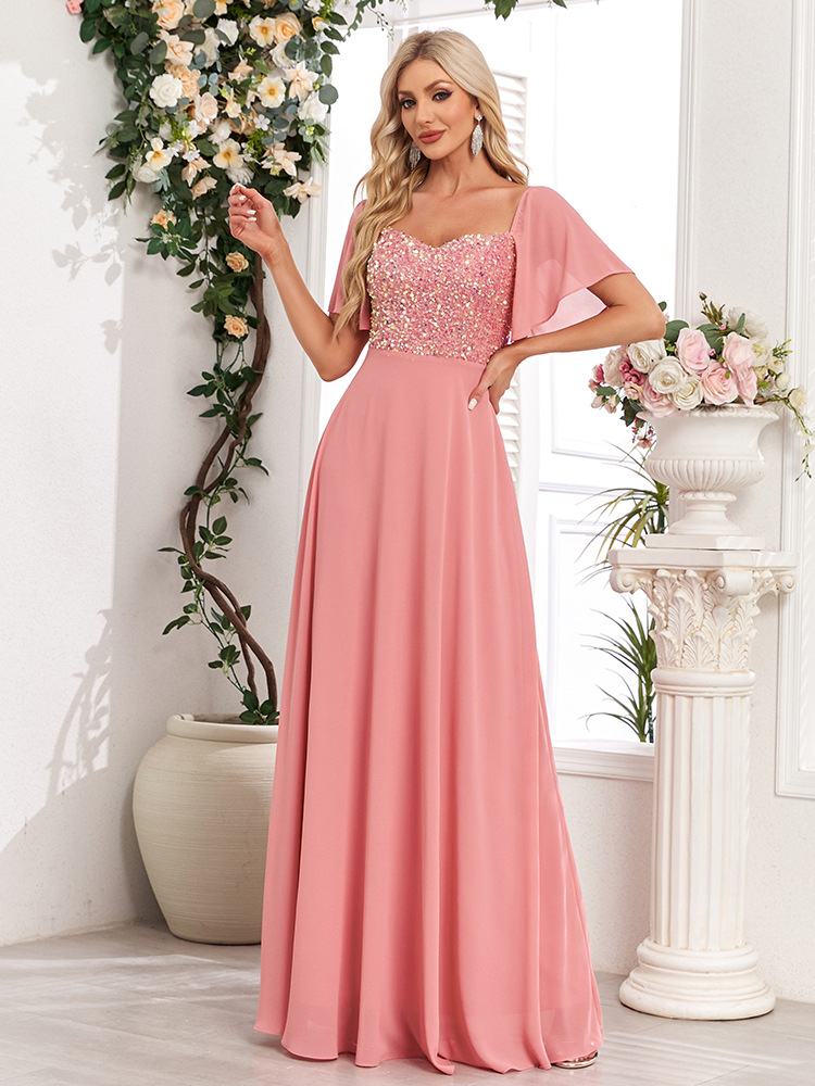 Pink chiffon halter evening dress sequins party A-line long dress