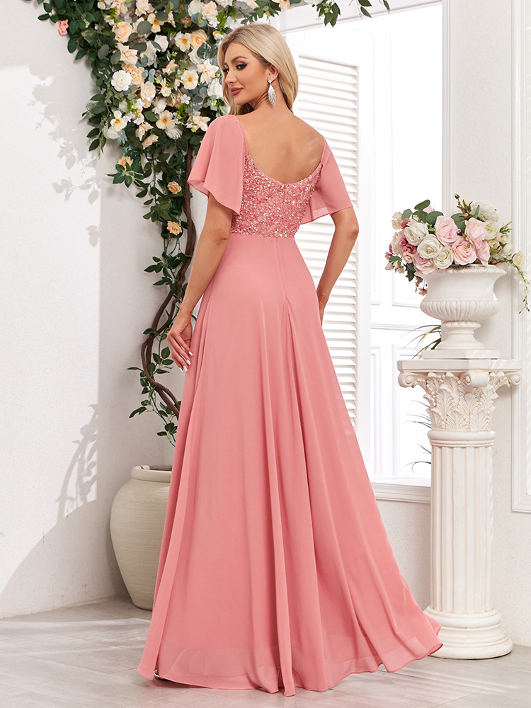 Pink chiffon halter evening dress sequins party A-line long dress