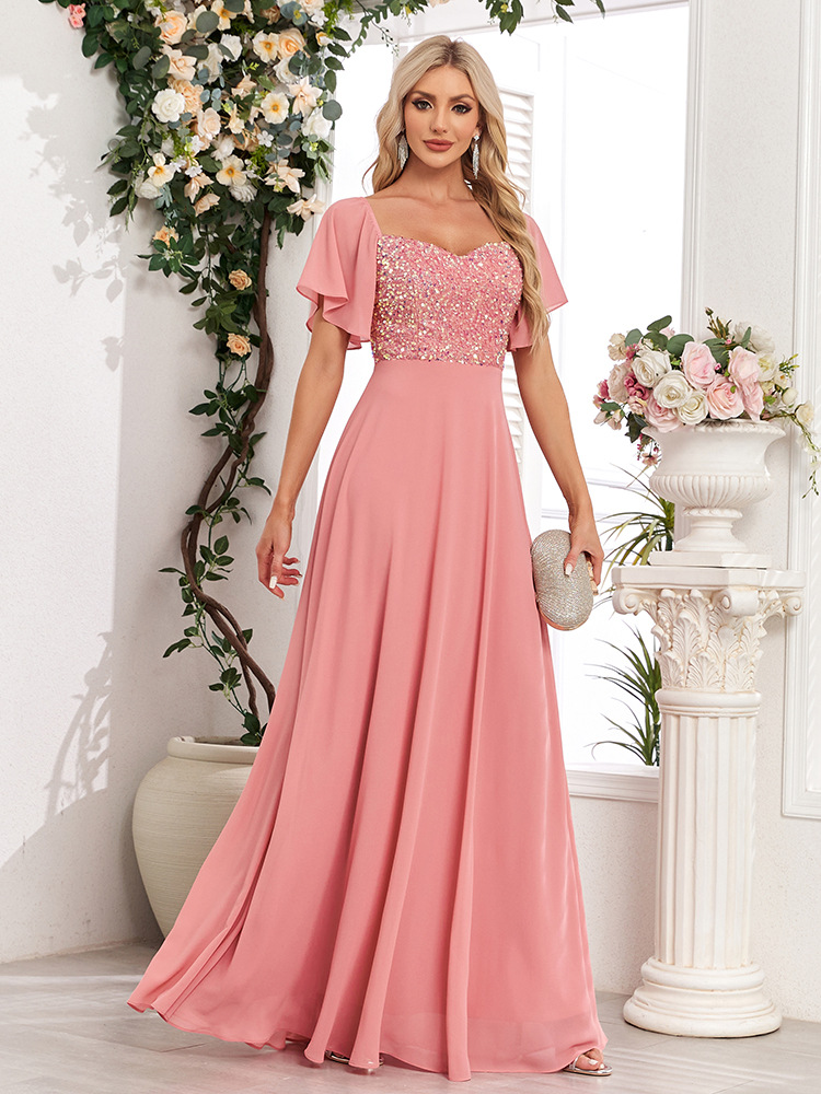 Pink chiffon halter evening dress sequins party A-line long dress