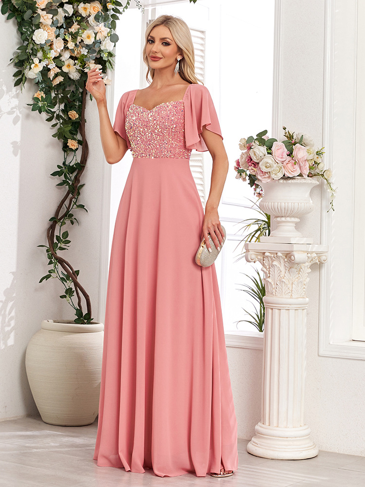 Pink chiffon halter evening dress sequins party A-line long dress