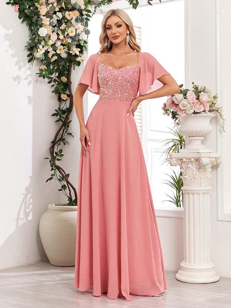 Pink chiffon halter evening dress sequins party A-line long dress