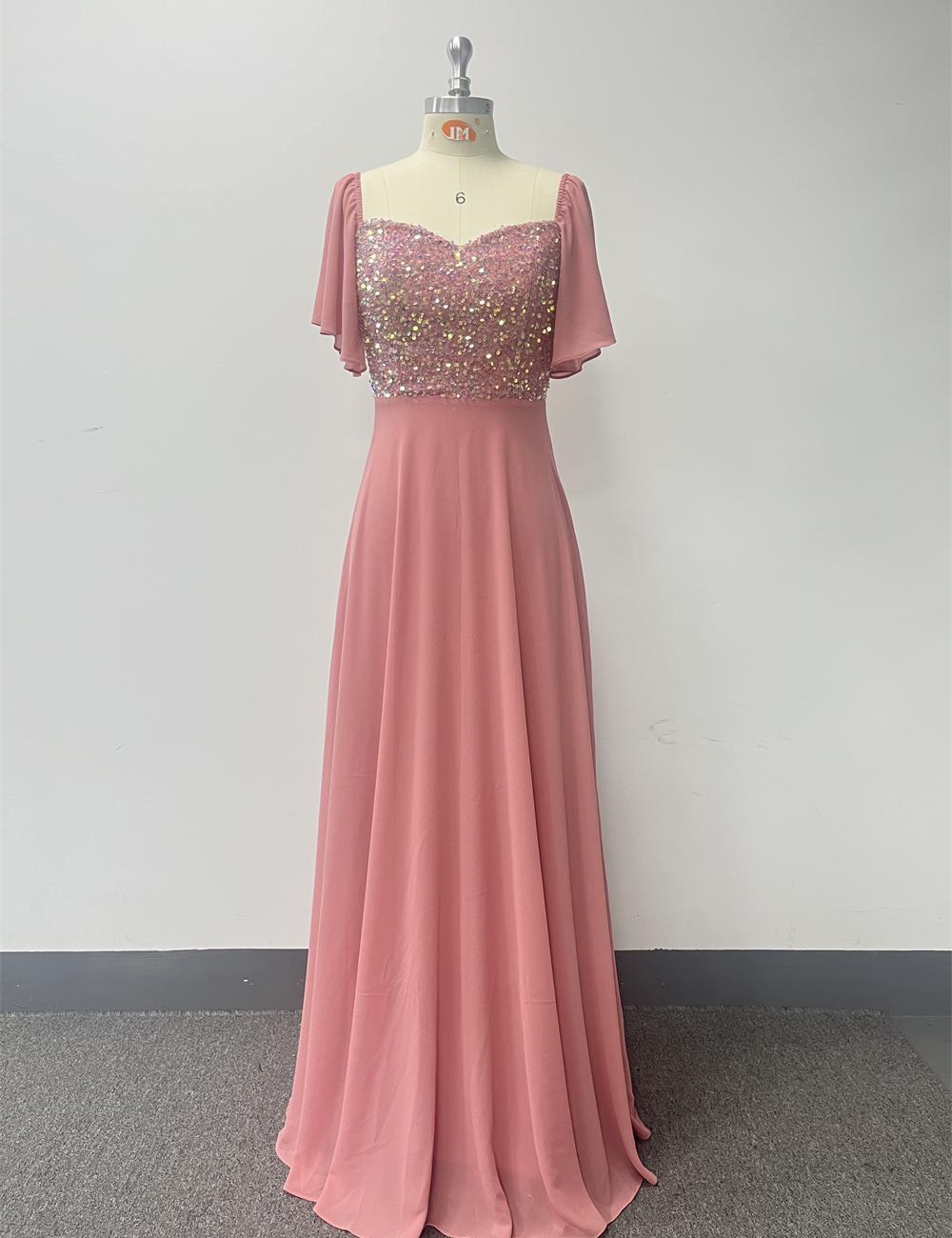 Pink chiffon halter evening dress sequins party A-line long dress