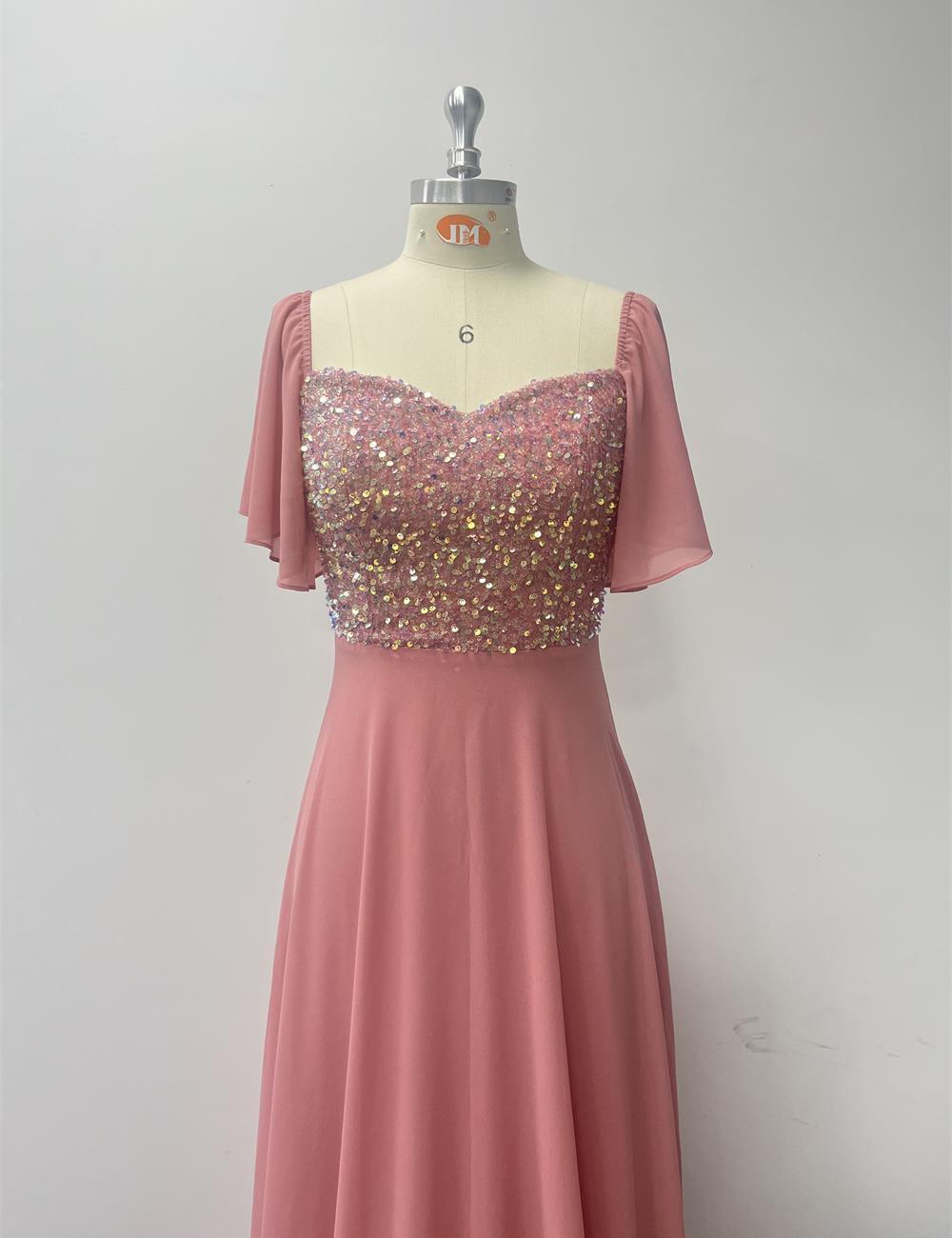 Pink chiffon halter evening dress sequins party A-line long dress