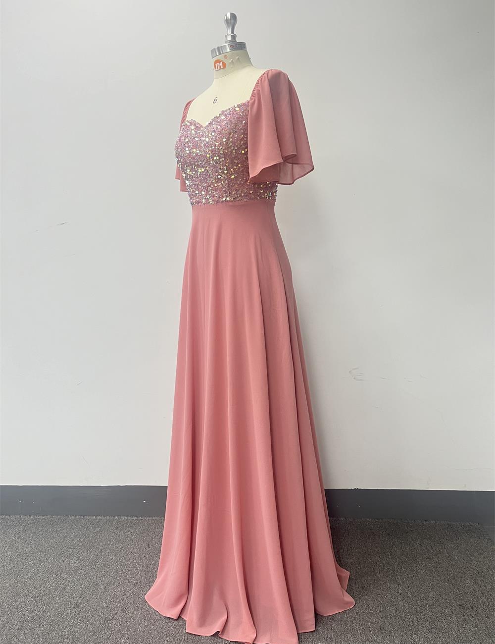 Pink chiffon halter evening dress sequins party A-line long dress