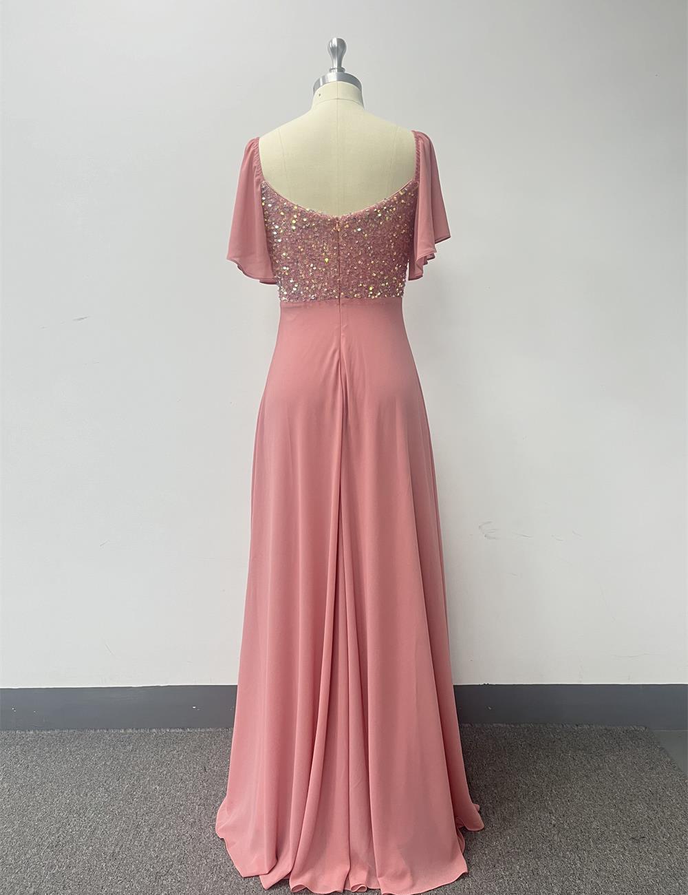 Pink chiffon halter evening dress sequins party A-line long dress