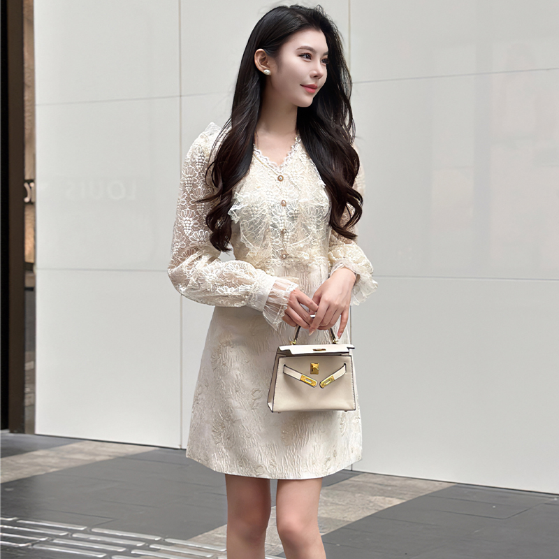 Temperament jacquard lace chanelstyle splice dress