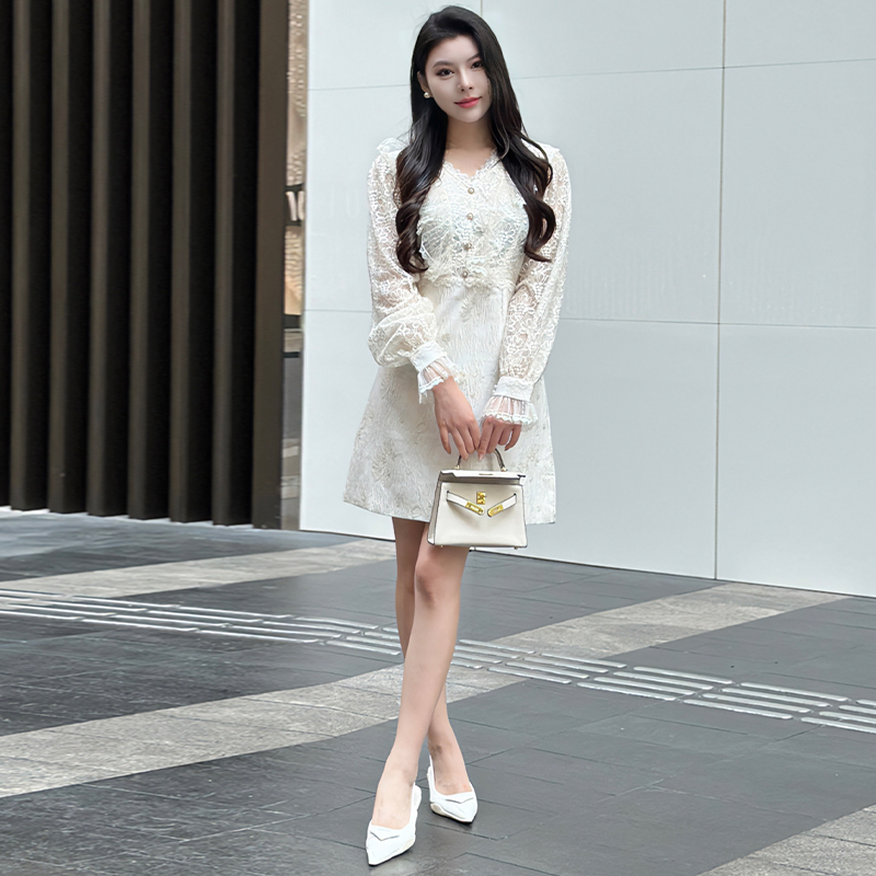 Temperament jacquard lace chanelstyle splice dress