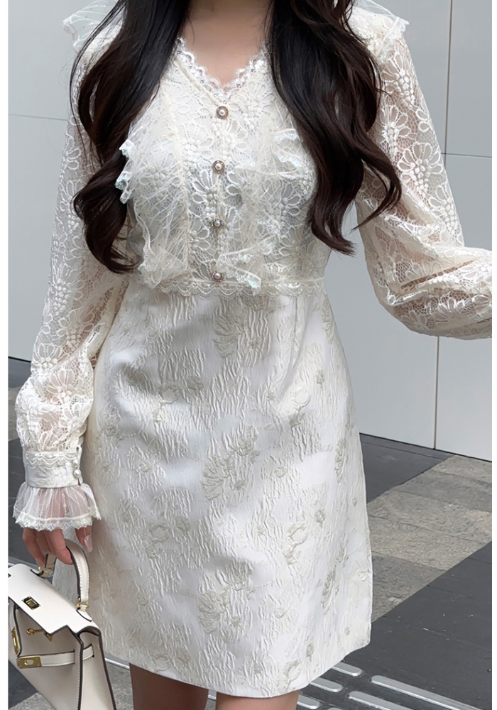 Temperament jacquard lace chanelstyle splice dress