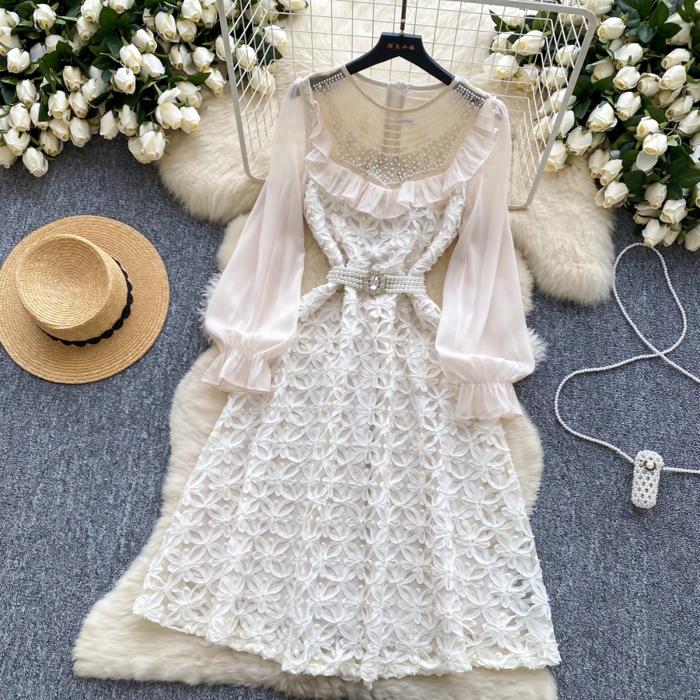 Pinched waist round neck dress gauze formal dress for women