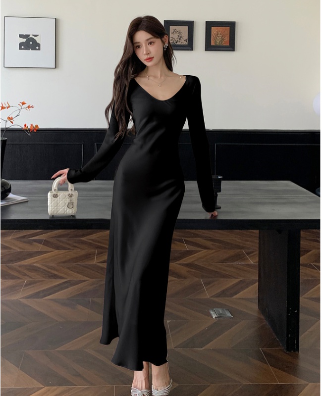 Sling satin dress V-neck long dress for women