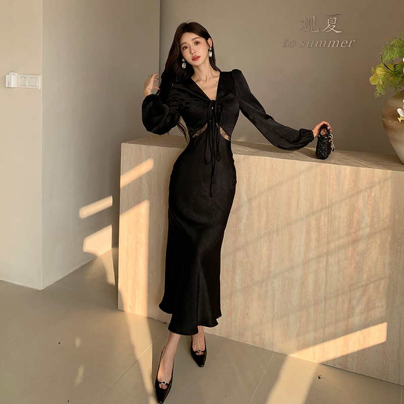 Black ladies sexy long dress France style satin V-neck dress