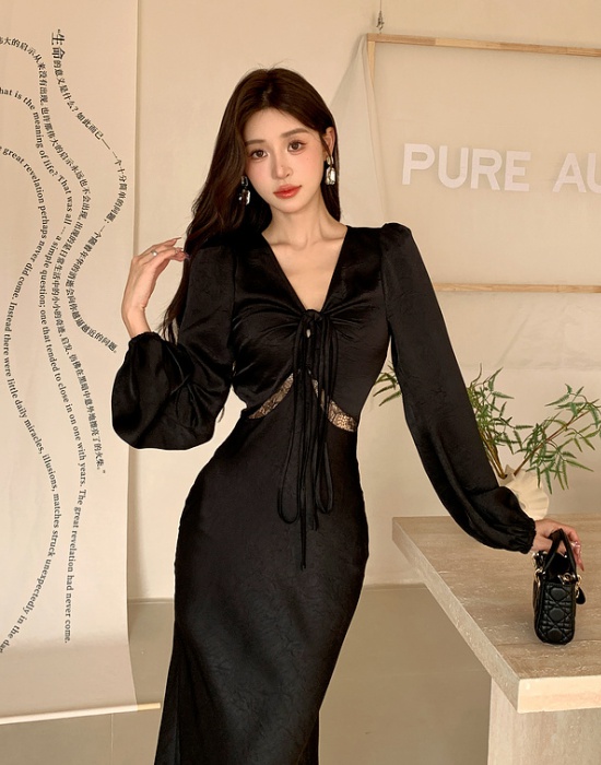 Black ladies sexy long dress France style satin V-neck dress