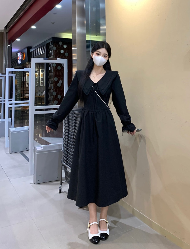 Black autumn long vacation fat slim dress for women