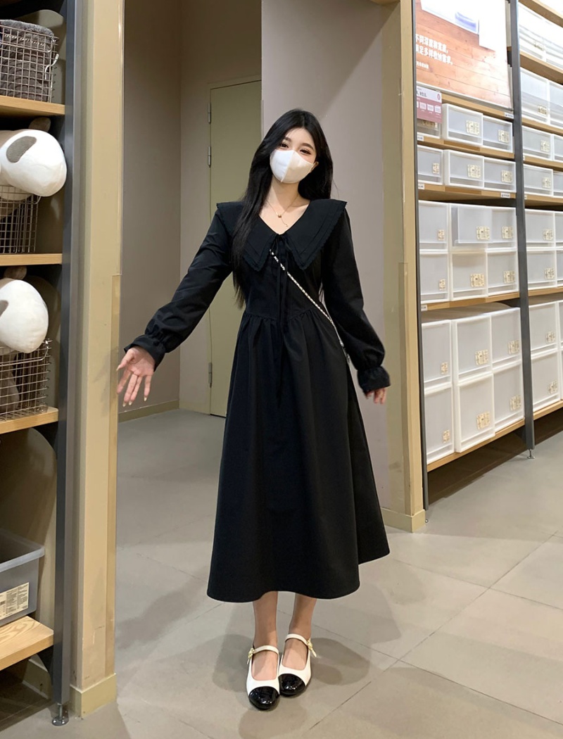 Black autumn long vacation fat slim dress for women