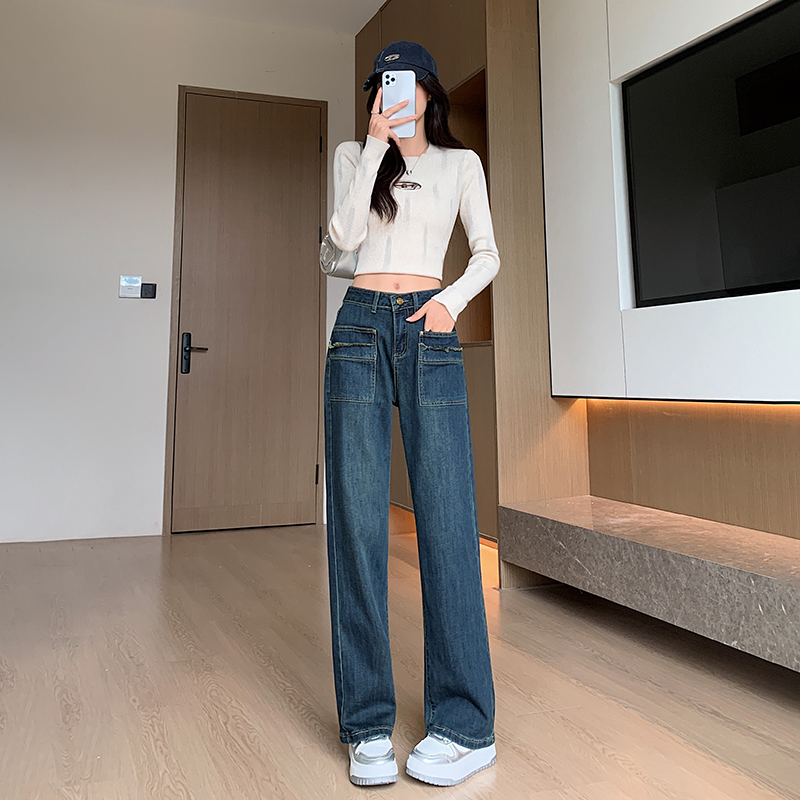 Wide leg drape retro straight pants slim jeans for women