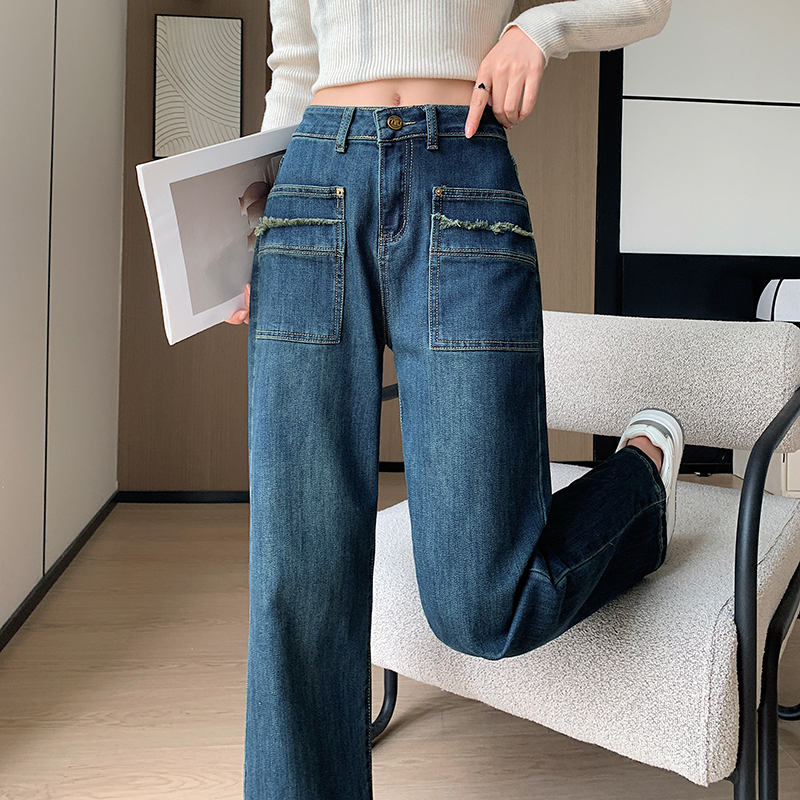 Wide leg drape retro straight pants slim jeans for women