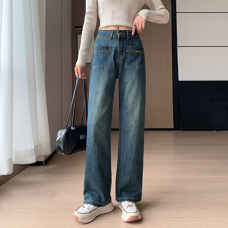 Autumn big retro slim high waist straight wide leg jeans