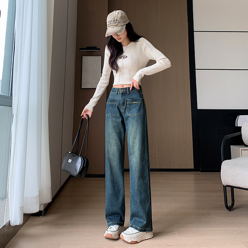 Autumn big retro slim high waist straight wide leg jeans