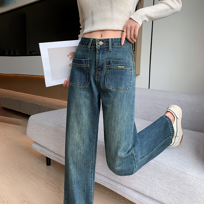 Autumn big retro slim high waist straight wide leg jeans