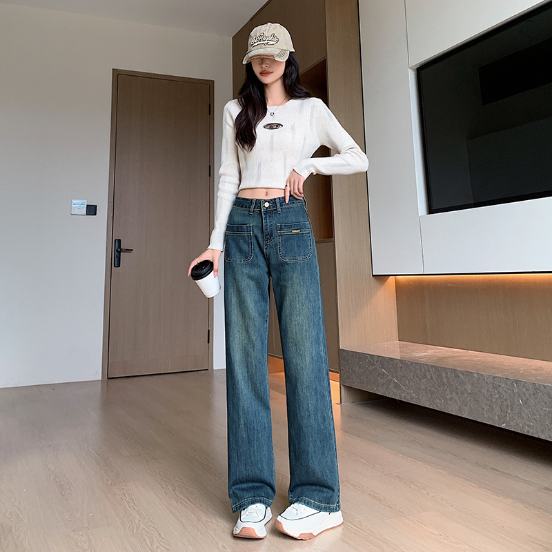 Autumn big retro slim high waist straight wide leg jeans