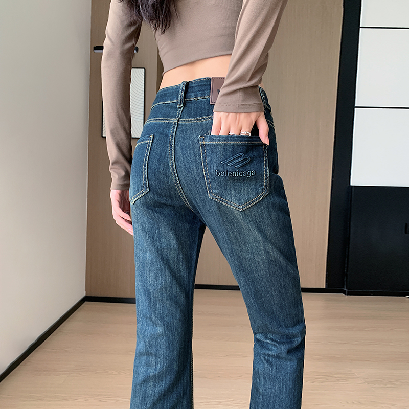 Elasticity slim navy blue denim pants for women