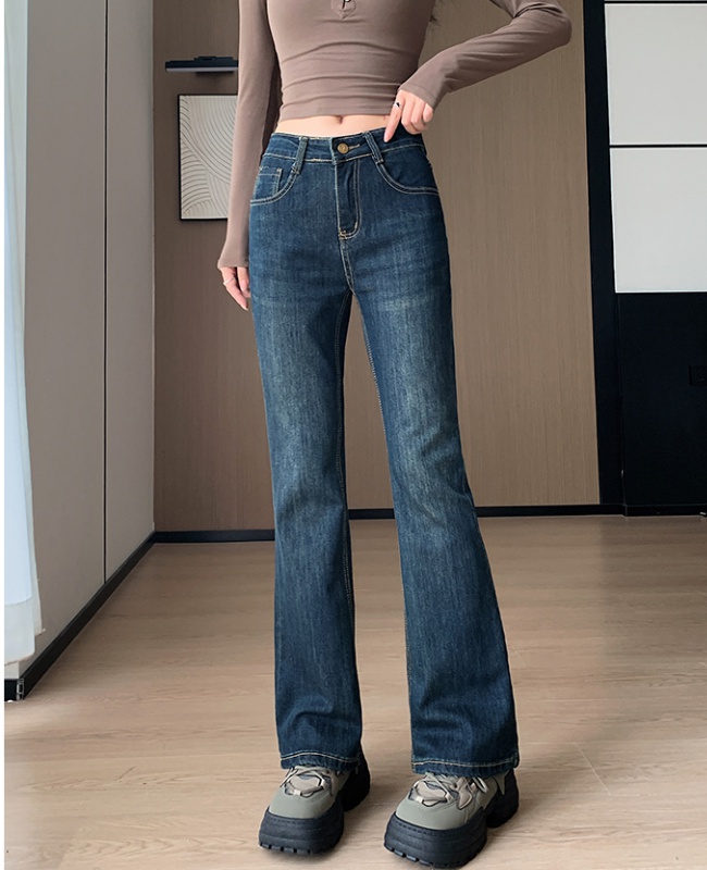 Elasticity slim navy blue denim pants for women