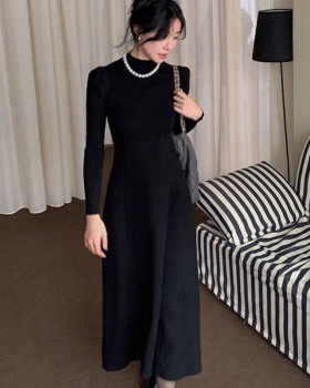 High collar puff sleeve dress slim knitted long dress