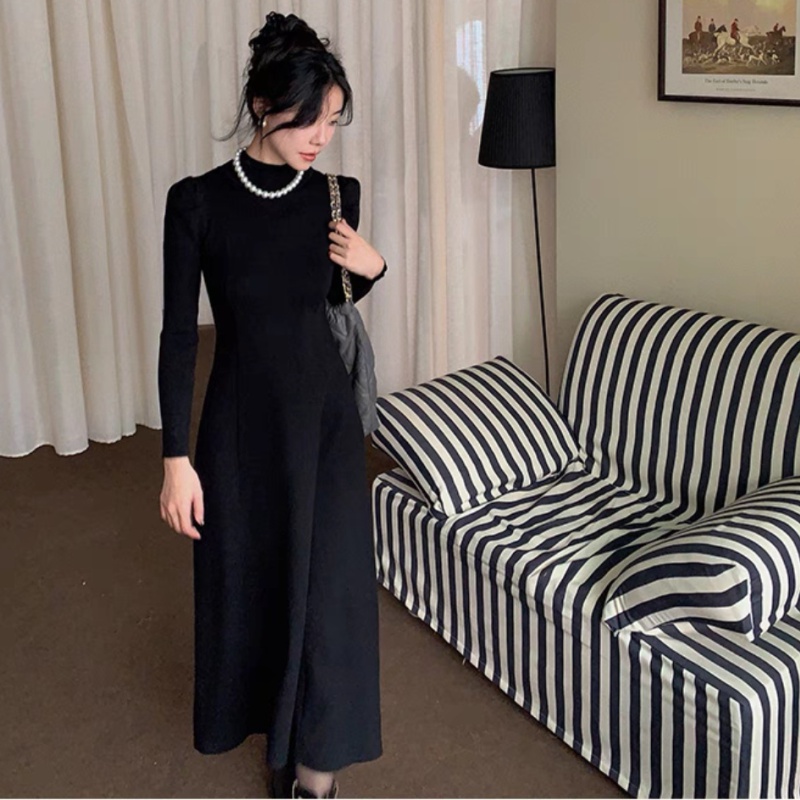 High collar puff sleeve dress slim knitted long dress