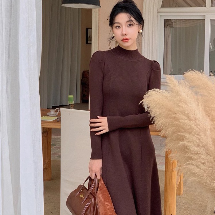 High collar puff sleeve dress slim knitted long dress