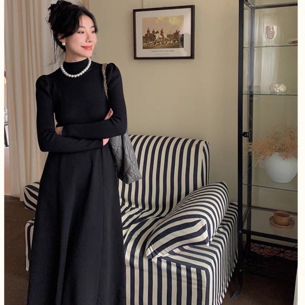 High collar puff sleeve dress slim knitted long dress