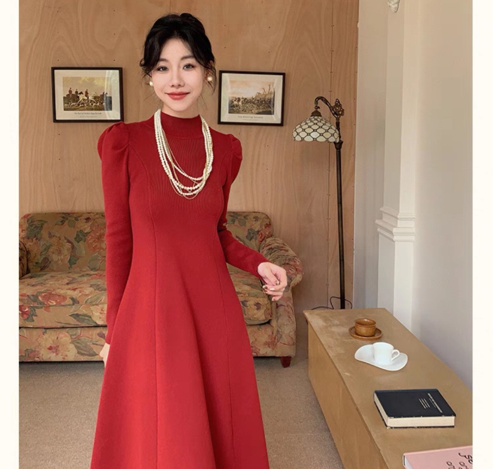 High collar puff sleeve dress slim knitted long dress