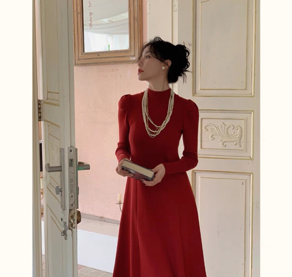 High collar puff sleeve dress slim knitted long dress