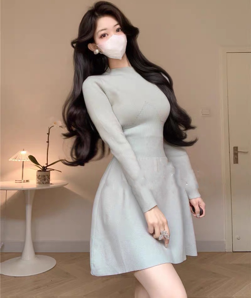 Bottoming slim sweater A-line pinched waist dress