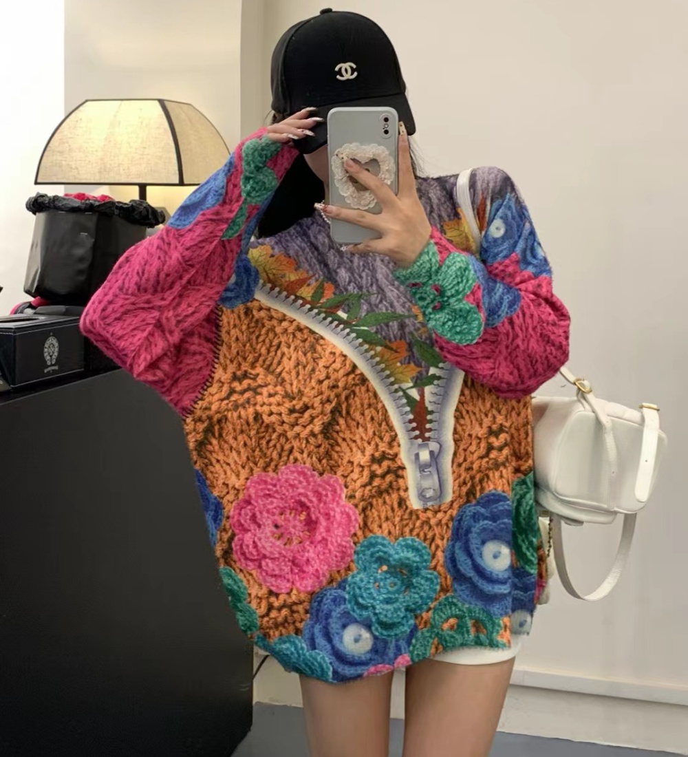 Round neck knitted long sleeve printing sweet sweater for women