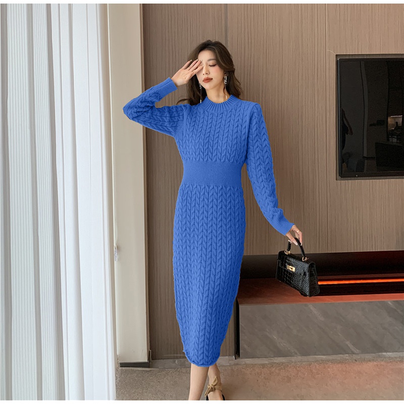 Knitted slim ladies sweater high waist long sleeve dress